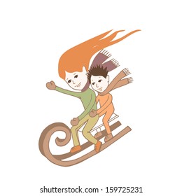 Little girl and boy on sled