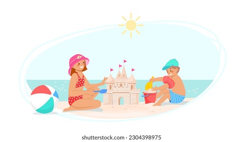 Little girl and boy play on the beach on sunny day. Children in panama and cap build sand castle with  scoop and bucket. Vector illustration of family holiday at the sea. 