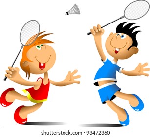little girl and boy playing badminton (vector illustration);