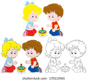 Little girl and boy playing with a humming-top