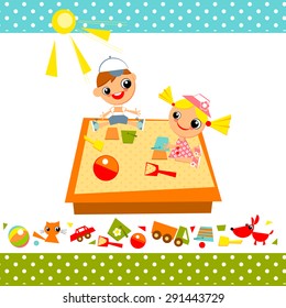Little girl and boy playing in a sandbox on a playground