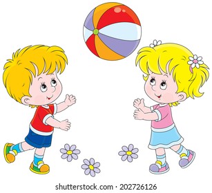 Little girl and boy playing with their big colorful ball