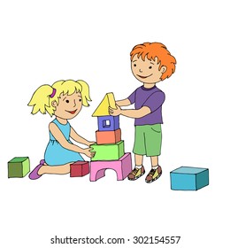 Little girl and boy playing with toy blocks. Vector illustration 