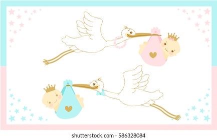  Little girl and boy. Princess and Prince. Storks are flying with babies