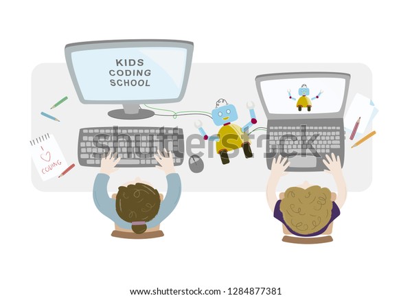 Little Girl Boy Programming Robot On Stock Vector (Royalty Free ...