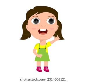 little girl boy rejoice hello welcome goodbye raise hands greet education kindergarten primary school concept