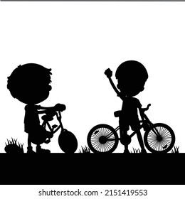 little girl and boy riding bicycle silhouettes, Isolated On White Background 