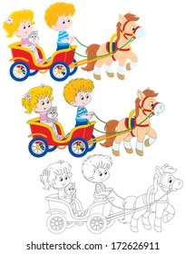 Little girl and boy riding a pony carriage