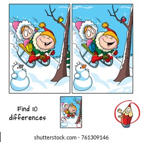 Little girl and boy riding a sledge. Find 10 differences. Educational game for children. Cartoon vector illustration