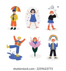 Little Girl and Boy in Rubber Boots Enjoying Spring Season Splashing in Puddle, Lying on Meadow, Walking with Umbrella and Catching Butterfly with Net Vector Set