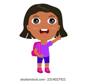 little girl boy schoolboy schoolgirl backpacker rejoices laughing greetings hello goodbye sign education primary school kindergarten concept