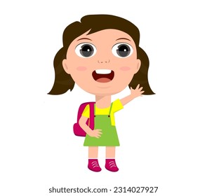 little girl boy schoolboy schoolgirl backpacker rejoices laughing greetings hello goodbye sign education primary school kindergarten concept