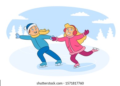 Little girl and boy skating vector illustration. 