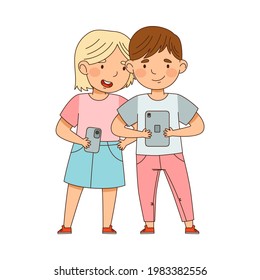 Little Girl and Boy with Smartphone and Tablet PC Playing and Watching Vector Illustration
