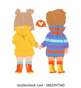 Little Girl and Boy Standing Back-first and Holding Hands Vector Illustration