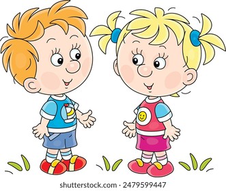 Little girl and boy in summer clothes friendly talking on a playground in a park, vector cartoon illustration on a white background