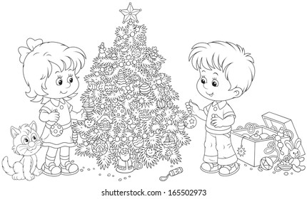 Little girl and boy with their kitten decorate a Christmas tree to holiday