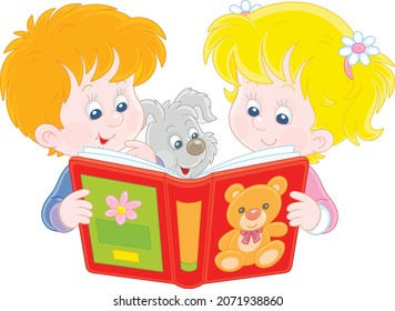 Little girl and boy and their merry puppy friendly smiling and reading an interesting illustrated book for small kids, vector cartoon illustration on a white background