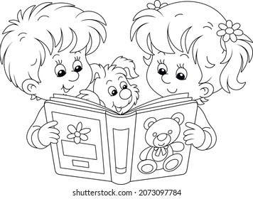 Little girl and boy and their merry puppy friendly smiling and reading an interesting illustrated book for small kids, black and white outline vector cartoon illustration for a coloring book page