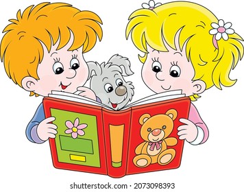 Little girl and boy and their merry puppy friendly smiling and reading an interesting illustrated book for small kids, vector cartoon illustration on a white background