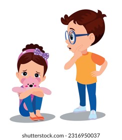 Little girl and boy with a toy. Vector illustration in cartoon style