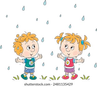 Little girl and boy under the summer rain while walking in a park, vector cartoon illustration on a white background