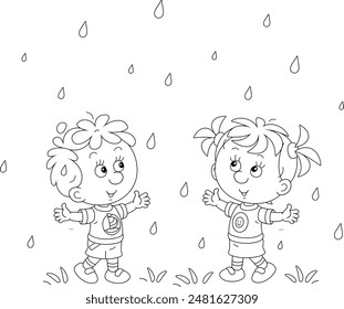 Little girl and boy under the summer rain while walking in a park, black and white outline vector cartoon illustration for a coloring book
