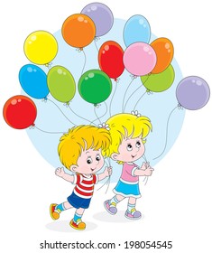 Little girl and boy walking with colorful holiday balloons