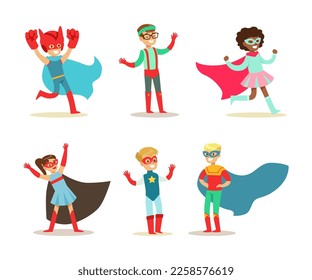 Little Girl and Boy Wearing Costume of Superhero Pretending Having Power for Fighting Crime Vector Set