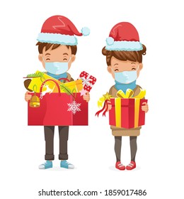 Little girl and Boy. In winter wearing a christmas hat and carrying a gift box. Kids mask for prevent the spread COVID-19 in 2020. Enter the New Year 2021. 
 