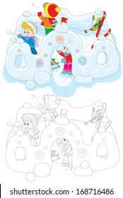 Little girl and boys playing snowballs in a snow fortress