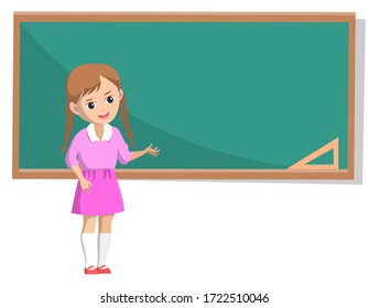 Little girl with braids wearing pink skirt and shirt standing near green chalkboard isolated on white. Back to school concept, flat cartoon vector illustration