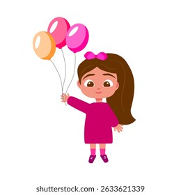 A little girl in a bright dress stands with balloons on a white background.Vector illustration