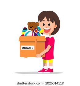 little girl brings a cardboard box of her toys to donate