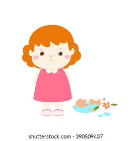 Little Girl Broken Vase Feel Guilty Cartoon Vector Illustration