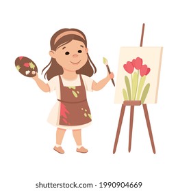 Little Girl with Brush and Drawing Easel Representing Artist Profession Vector Illustration