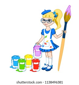 Little girl with brush and paints. Vector illustration on white background.