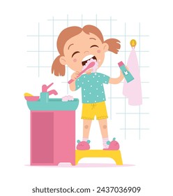 A little girl brushes her teeth. Child and oral hygiene. Vector flat cartoon isolated illustration