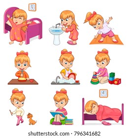 Little girl brushes teeth, exercises in morning, eats porridge, washes dishes, plays with toys and dog, reads books and sleeps vector illustrations.