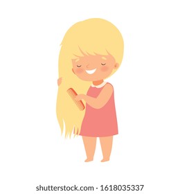 Little Girl Brushing Her Hair with Comb Vector Illustration