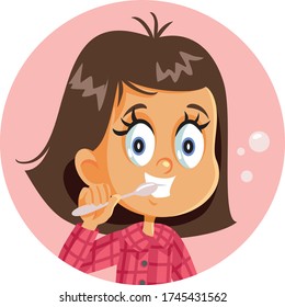 Little Girl Brushing her Teeth Vector Cartoon. Funny child using toothbrush and toothpaste in the morning
