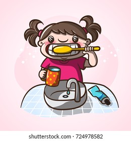 Little girl brushing her teeth in the morning. Cartoon illustration teeth care concept for kids.