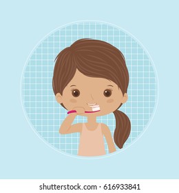 Little girl brushing teeth. Dental care concept. Vector art.