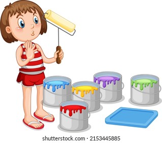 Little girl with buckets of paints illustration