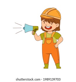 Little Girl Builder Wearing Hard Hat and Overall Shouting in Bullhorn Vector Illustration