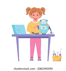 Little girl building a robot. Robotics, programming and engineering for kids. Vector illustration