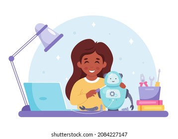 Little girl building a robot. Robotics, programming and engineering for kids. Vector illustration