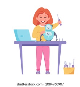 Little girl building a robot. Robotics, programming and engineering for kids. Vector illustration