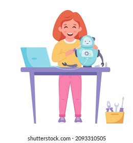 Little girl building a robot. Robotics, programming and engineering for kids. Vector illustration