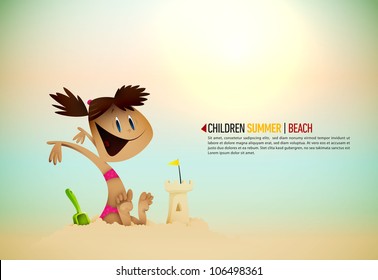 Little Girl Building Sand Castle on the Beach | Sunny Seashore | EPS10 Vector Background | Layers Organized and Named Accordingly